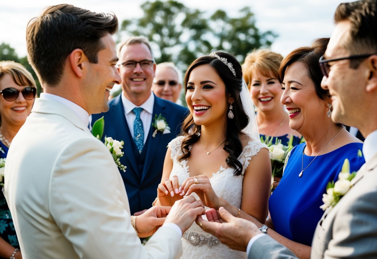 A bride and groom exchange rings, surrounded by family and friends in a joyful pre-wedding ceremony