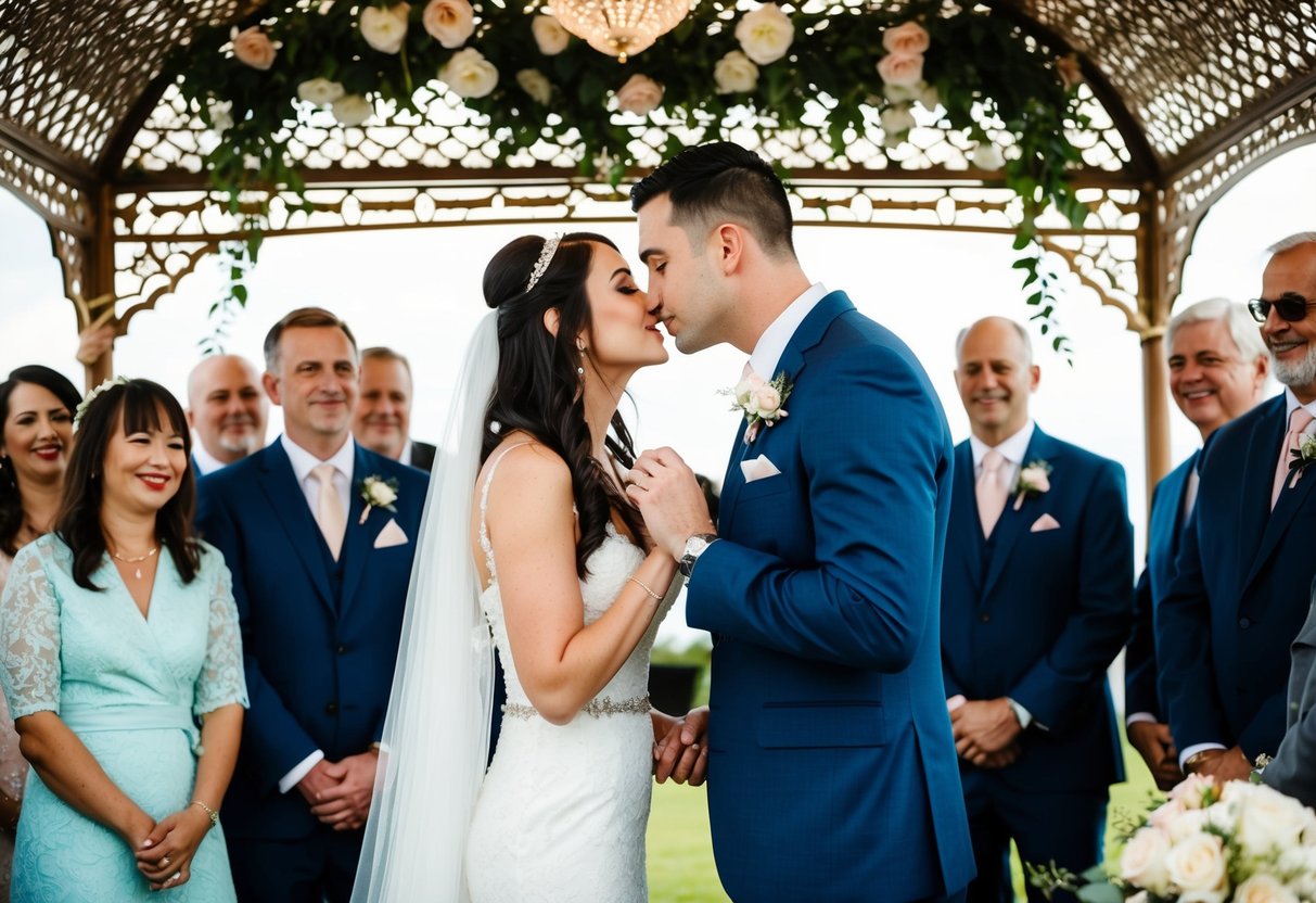 A bride and groom stand beneath a decorative canopy, surrounded by family and friends. The couple exchanges vows and rings, sealing their marriage with a kiss