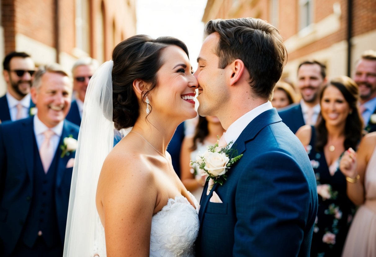 A bride and groom stand facing each other, surrounded by joyful guests. The bride's face lights up as the groom leans in for a gentle kiss on her cheek