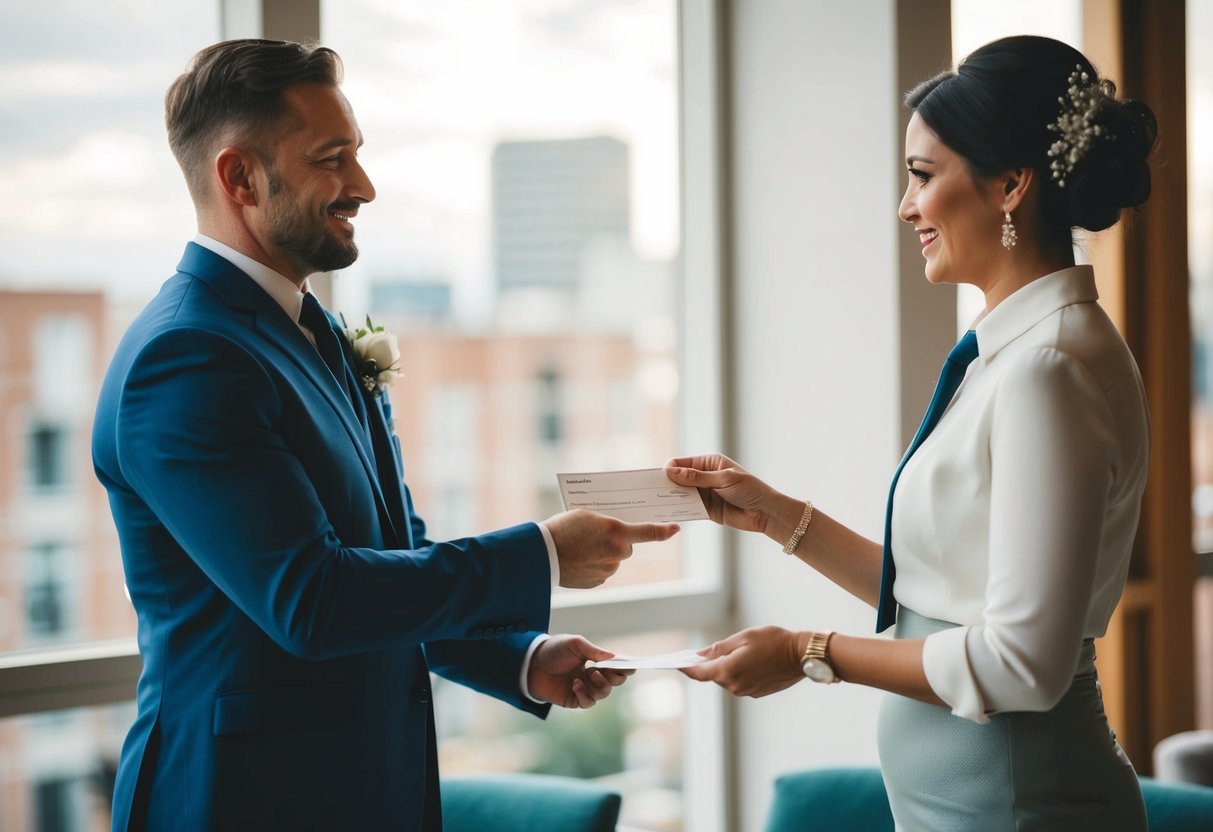 A man handing over a check to a wedding planner
