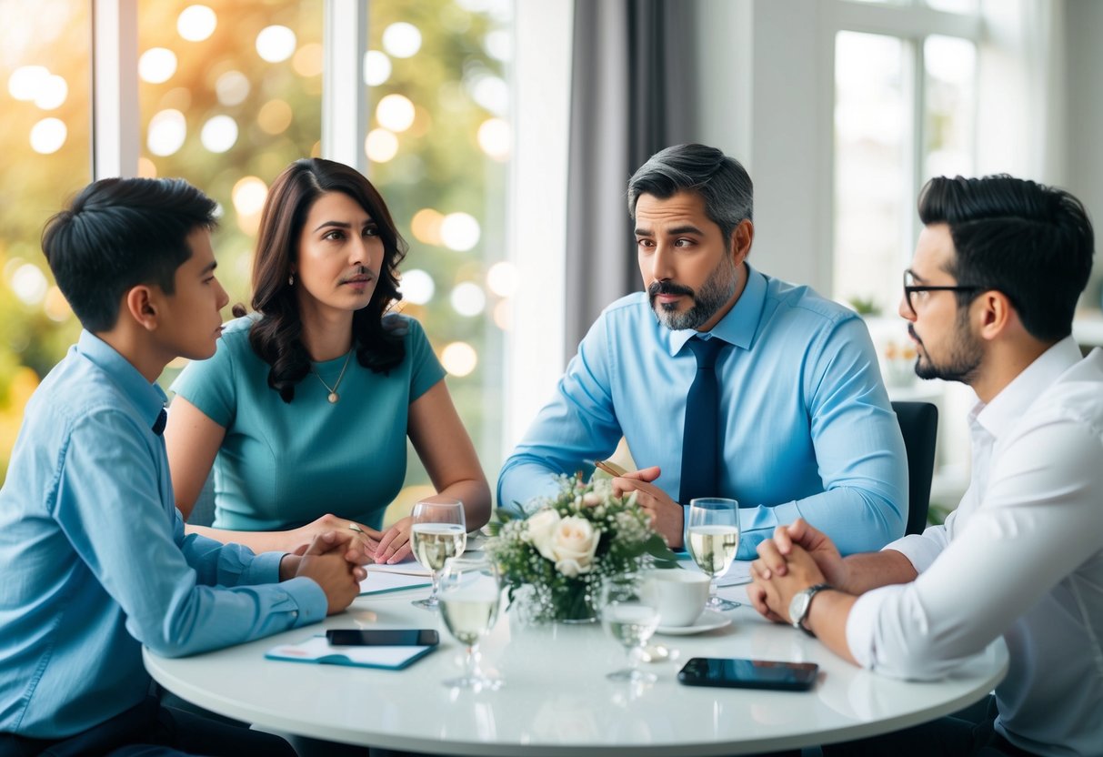 A family sitting around a table discussing finances and wedding plans, with the parents and son engaged in a serious conversation