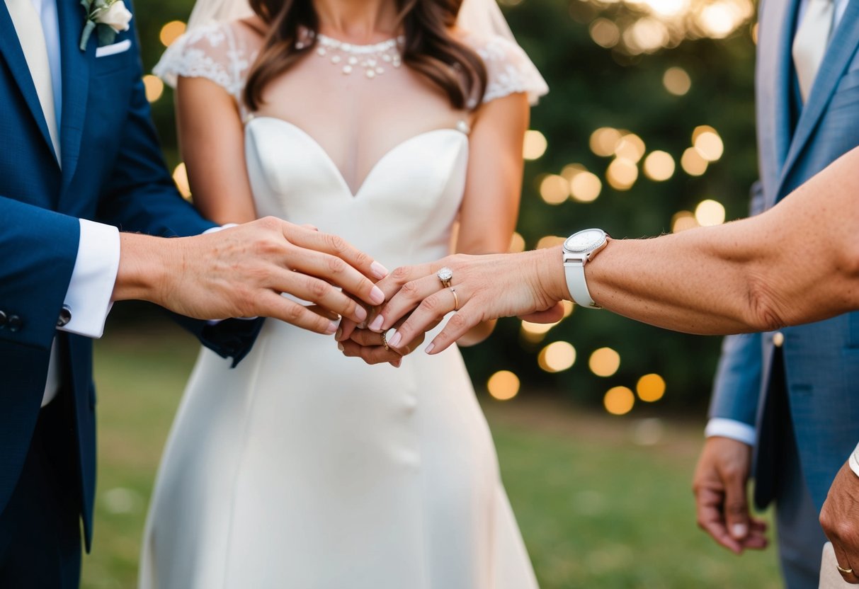 A couple exchanging wedding rings, with parents on either side offering support and financial assistance