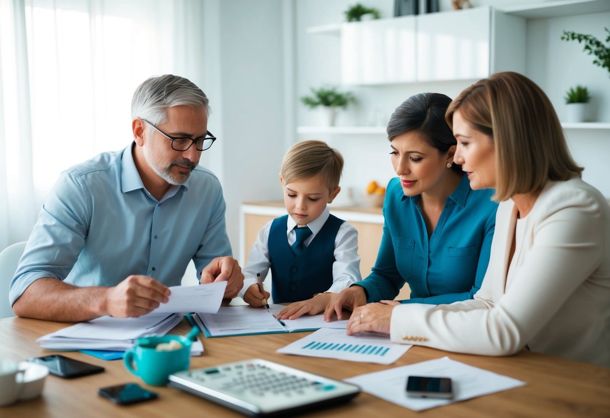 A family budgeting for a wedding, with parents discussing financial plans and expenses