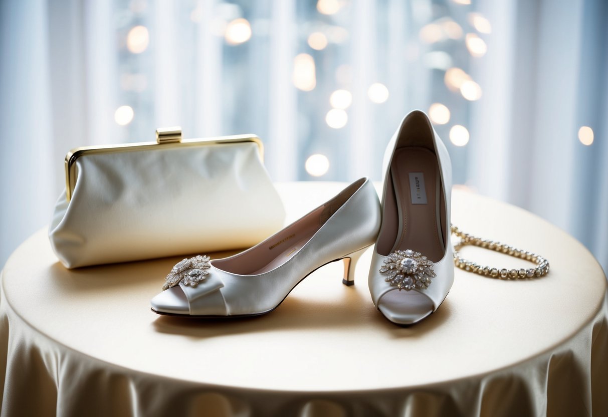 A pair of elegant, white wedding shoes and a matching clutch bag placed on a satin-covered table