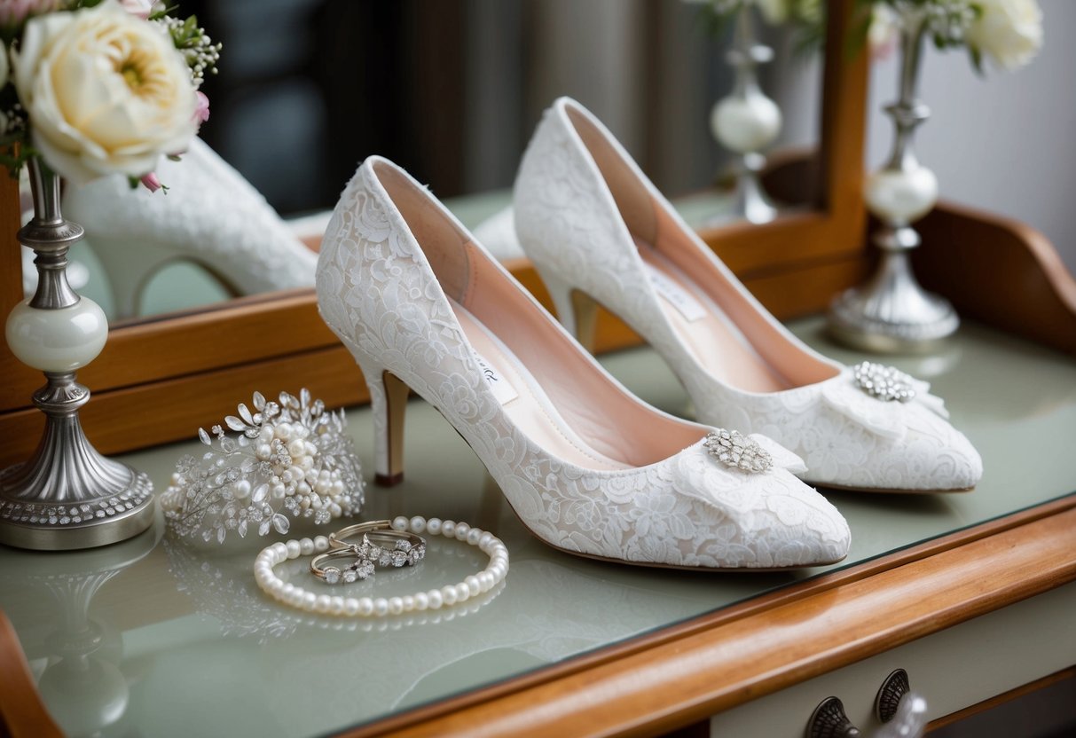 A bride's elegant white lace heels and matching clutch sit on a vintage vanity, surrounded by delicate pearl jewelry and a floral hairpiece