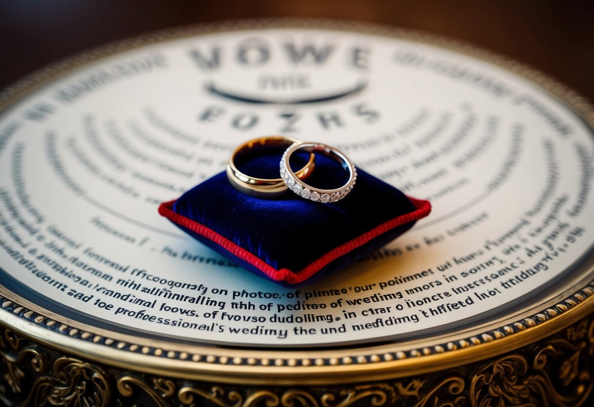 Two rings resting on a velvet cushion, positioned in front of a set of wedding vows on a decorative table