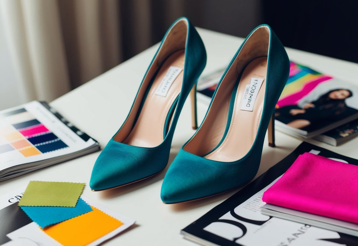 A pair of elegant heels and a matching clutch sit on a table, surrounded by swatches of fabric and fashion magazines