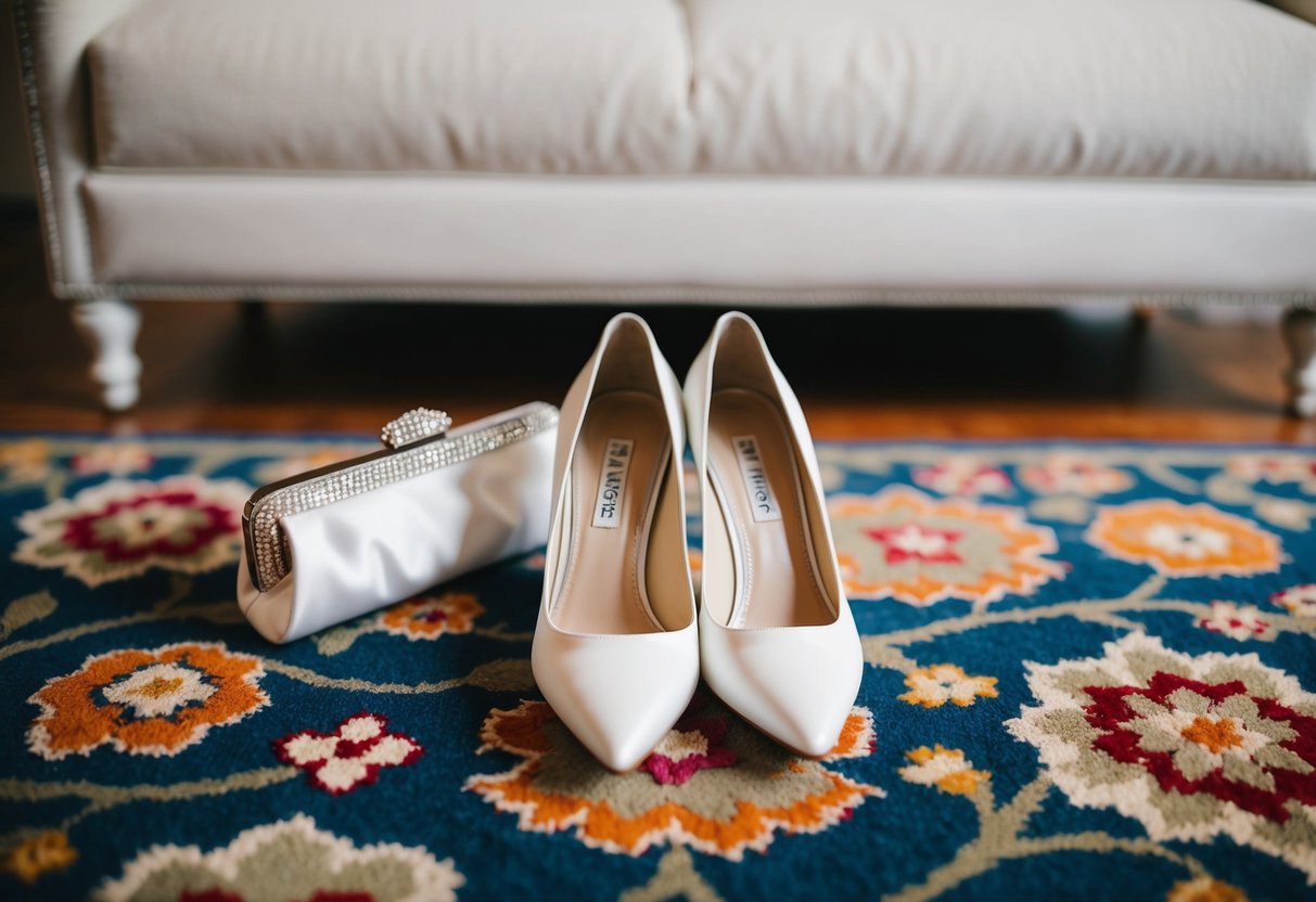 A bride's white wedding heels and matching clutch on a floral-patterned rug