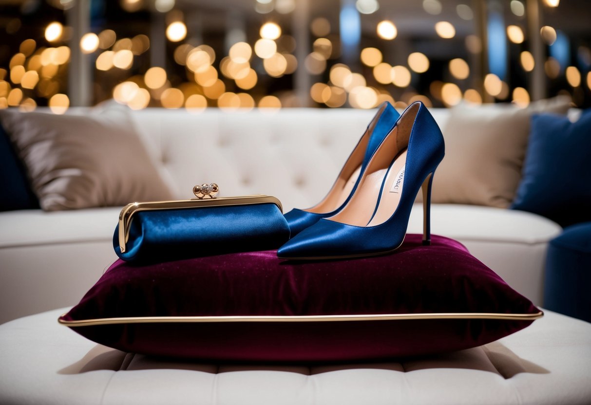 A pair of elegant high-heeled shoes and a matching clutch bag displayed on a luxurious velvet cushion