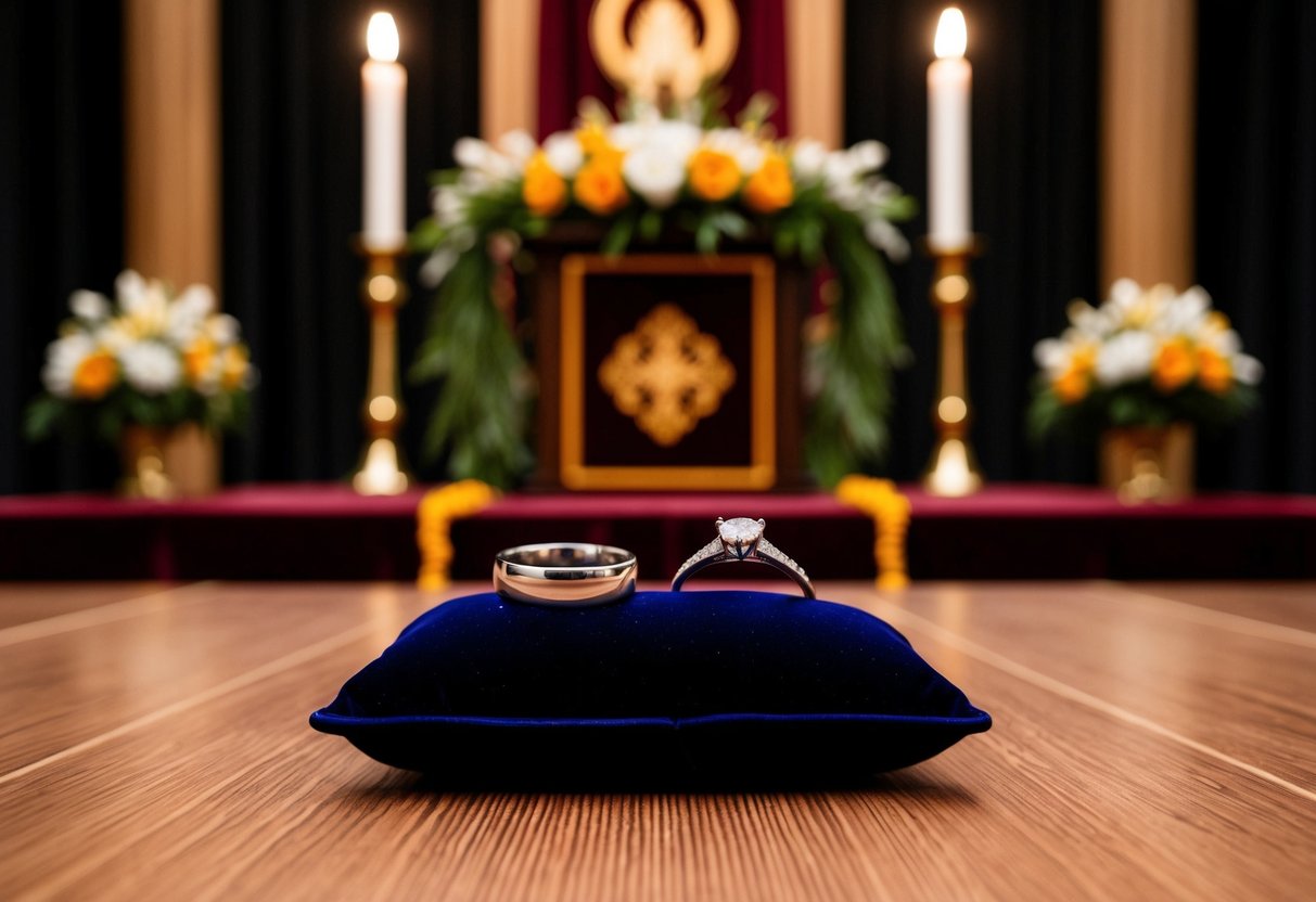 Two rings resting on a velvet pillow, positioned in front of a ceremonial altar adorned with flowers and candles