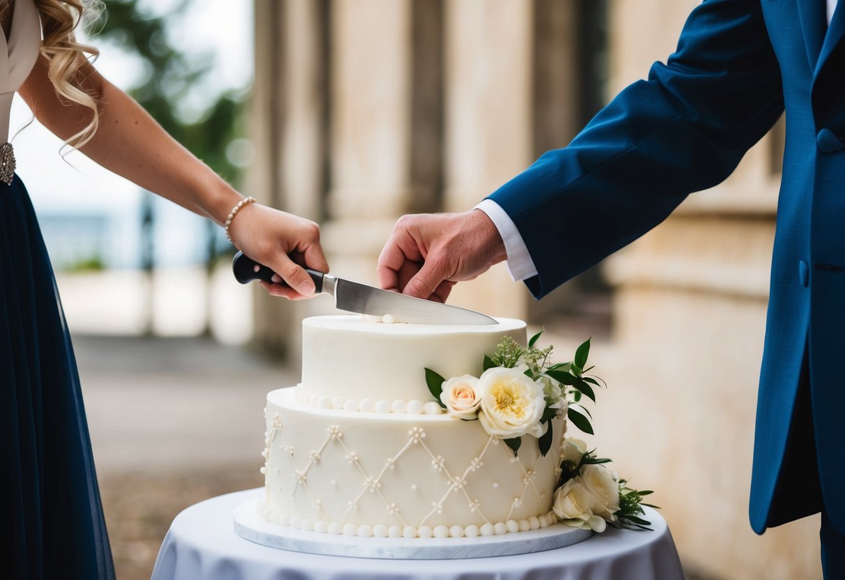The bride and groom stand side by side, holding a knife together, ready to cut into a beautifully decorated wedding cake