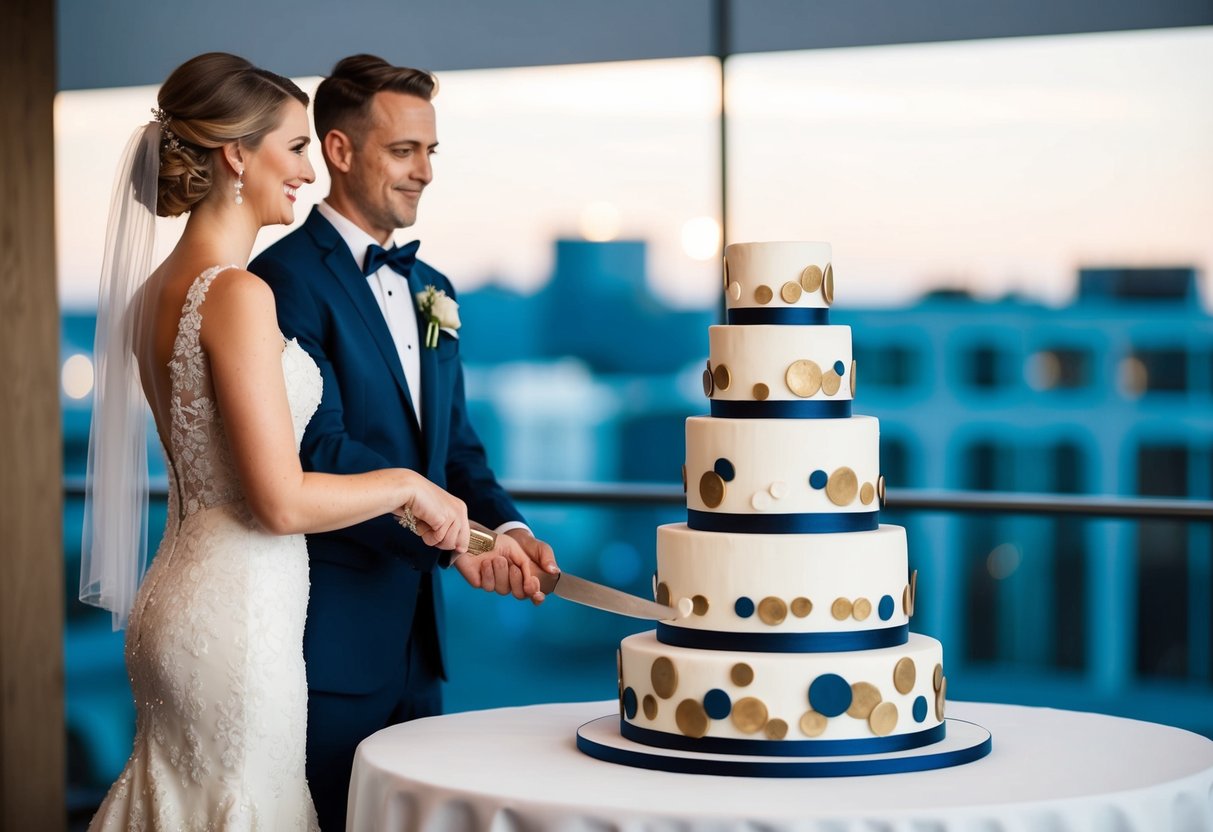 The bride and groom stand side by side, holding a knife together as they prepare to cut into a modern, multi-tiered wedding cake adorned with unique and creative decorations
