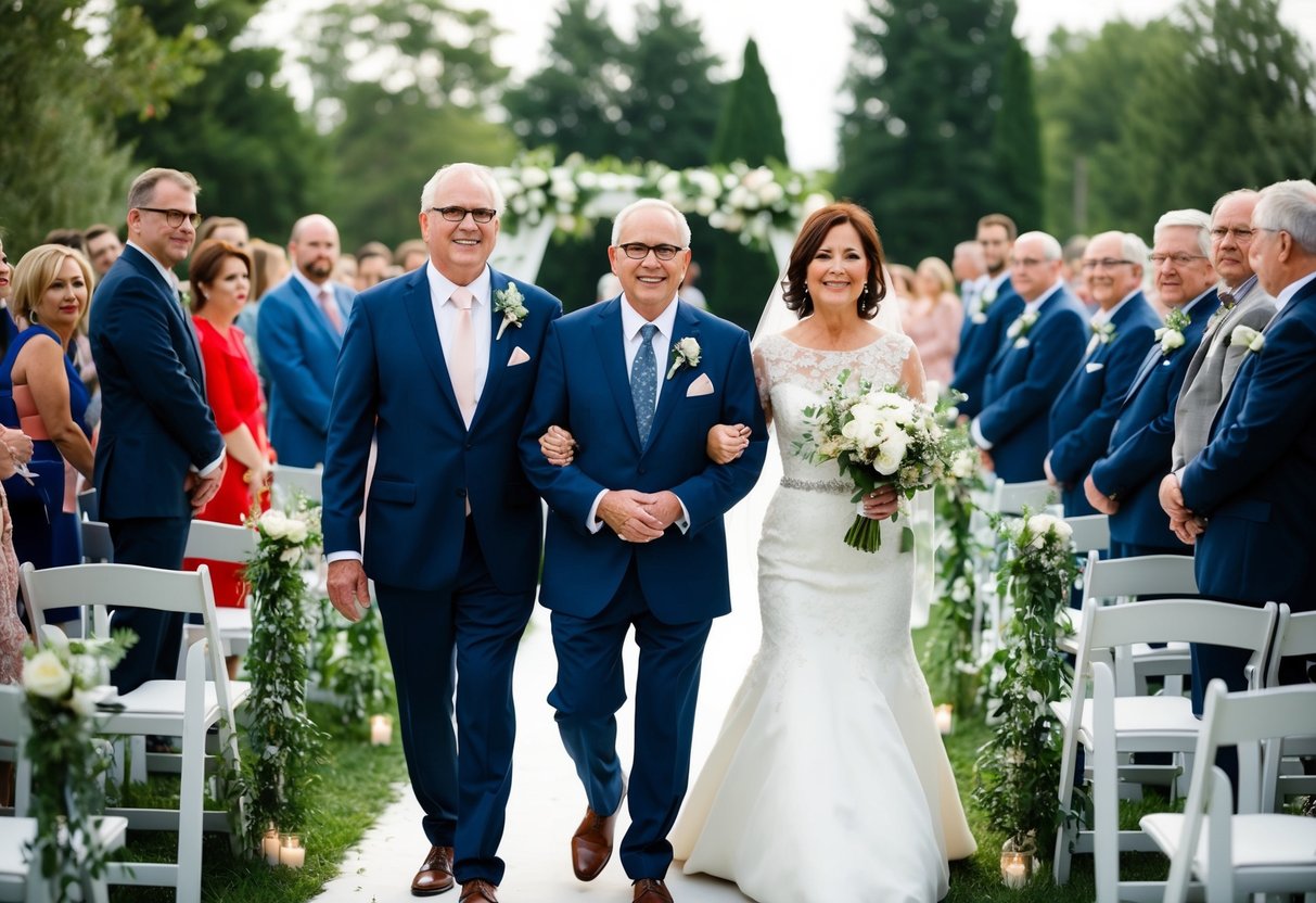 The groom's parents walk down the aisle at the wedding