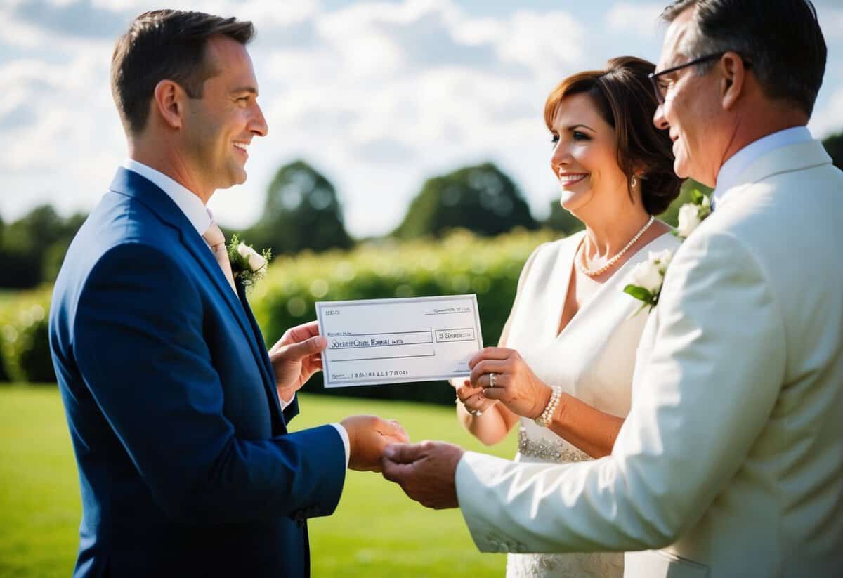 The groom's parents present a check to cover the wedding expenses