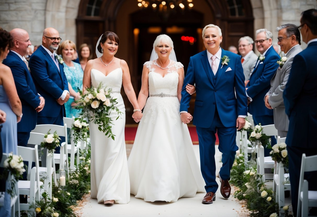 The groom's parents walk down the aisle at a wedding, holding hands and smiling as they make their way towards the altar