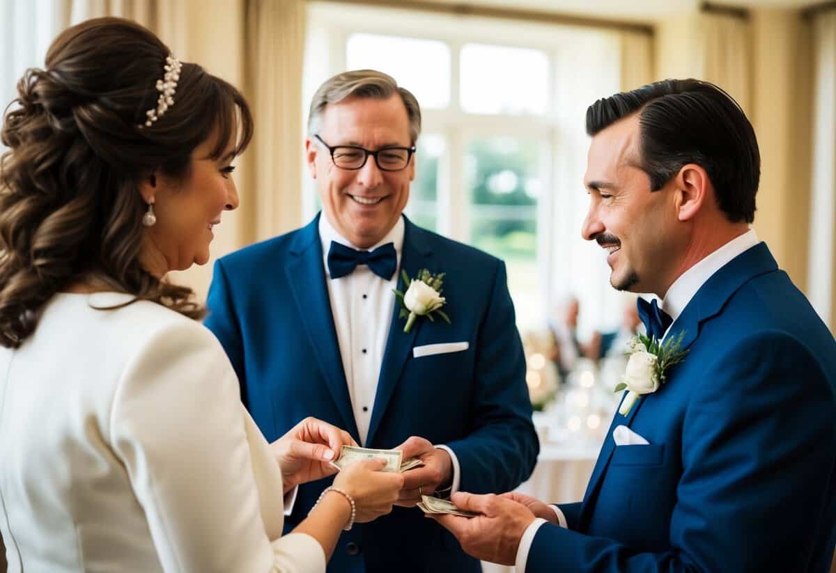 A scene of the groom's parents paying for specific wedding expenses, such as the rehearsal dinner, groom's attire, or transportation