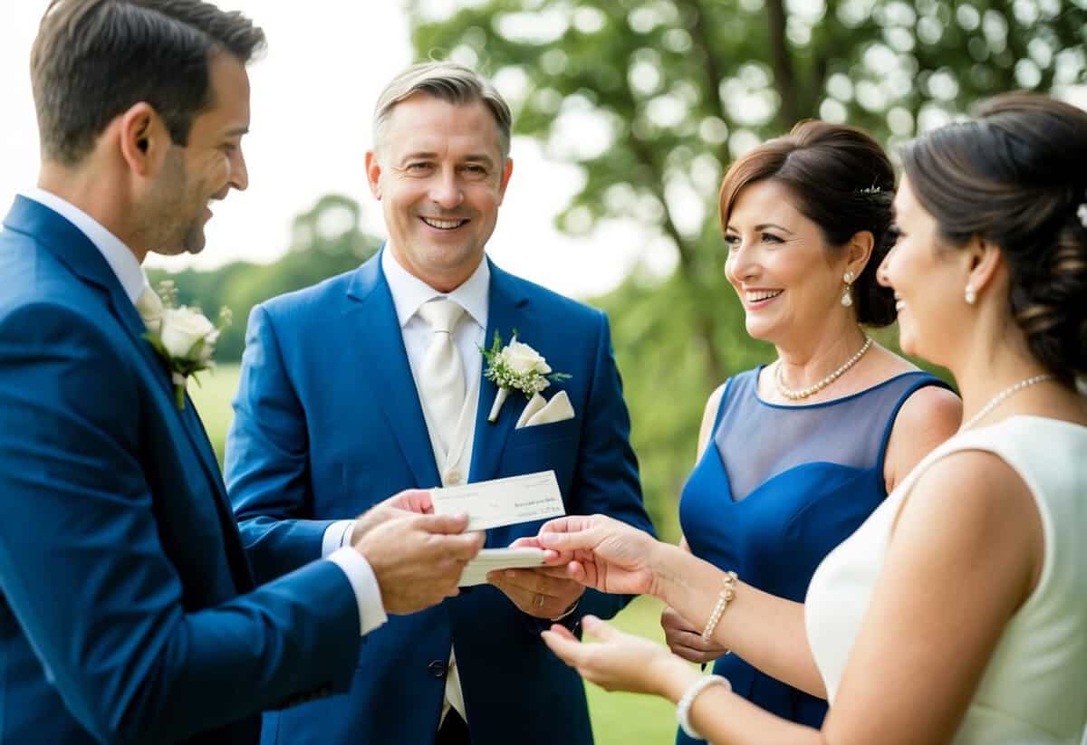 The groom's parents contribute financially to the wedding, shown by handing over a check or discussing expenses with the couple and wedding planner
