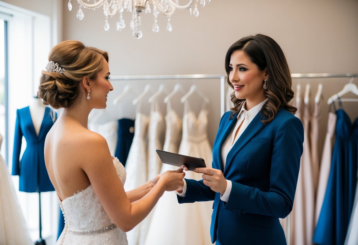 A bride and a salesperson discussing payment for a wedding dress in a bridal boutique