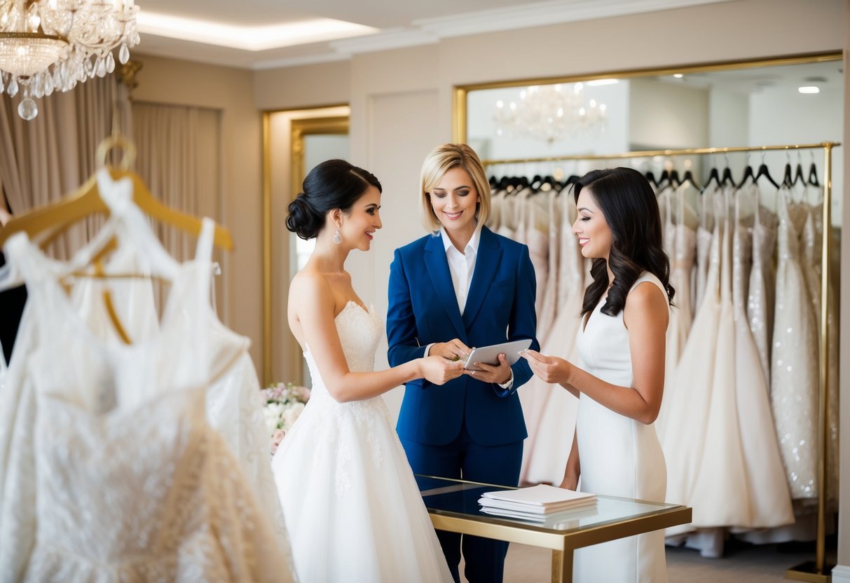 A bride and a salesperson discussing payment options for a wedding dress in a luxurious bridal boutique