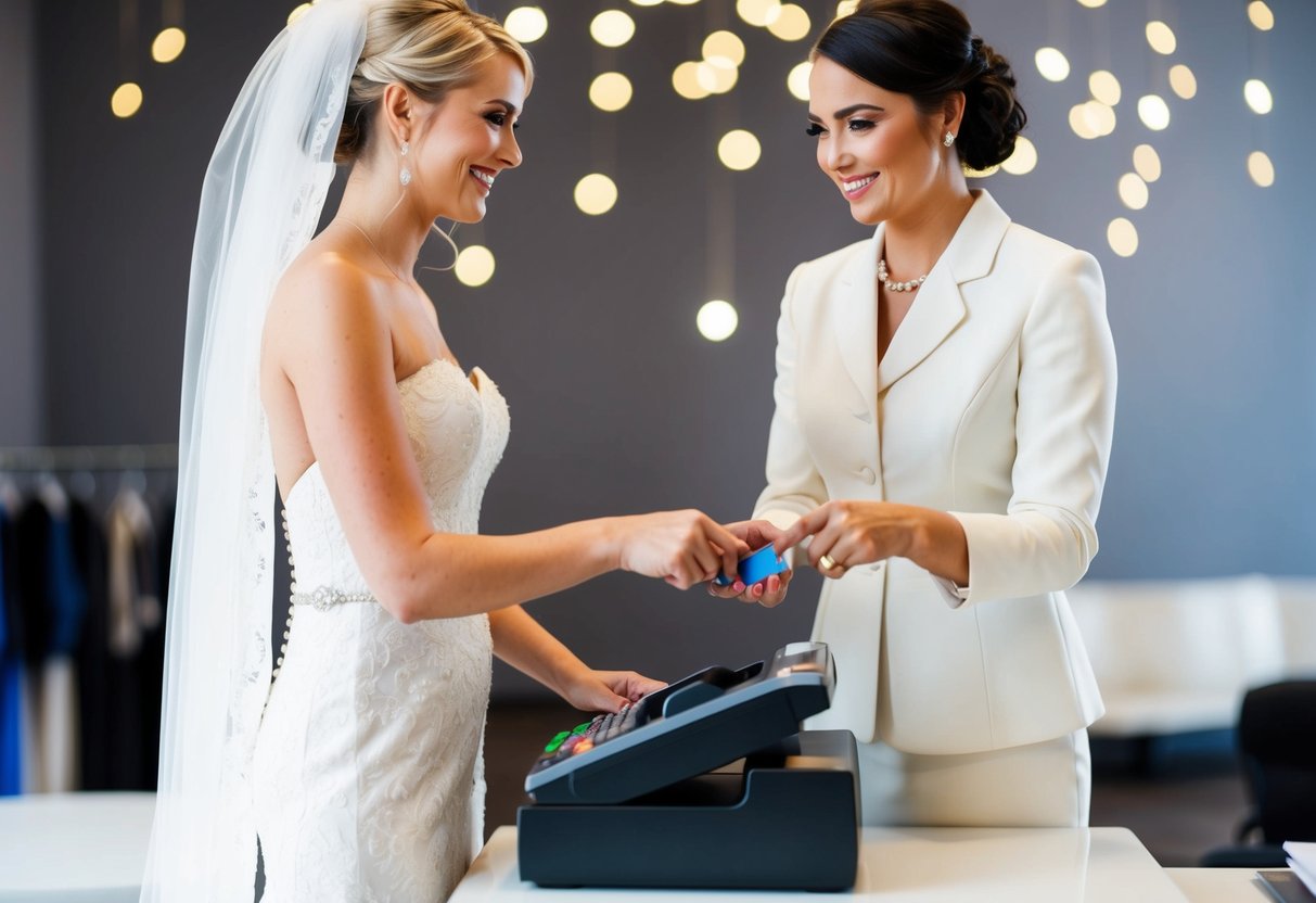 A bride and a salesperson stand at a cash register, finalizing the purchase of a wedding dress. The bride holds a credit card while the salesperson rings up the total