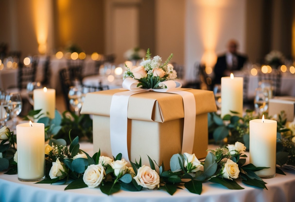 A beautifully wrapped gift sits on a table at a wedding reception, surrounded by flowers and candles