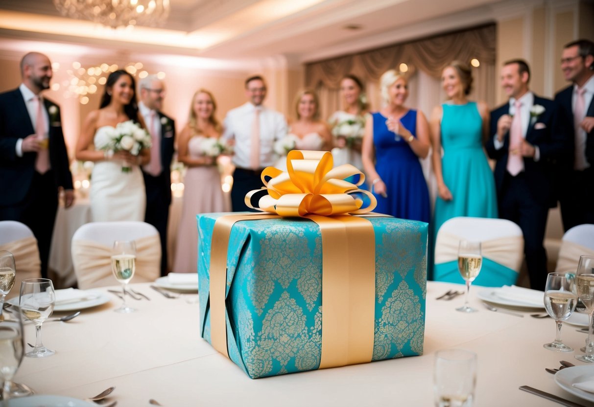 A beautifully wrapped gift sits on a table at a wedding reception, surrounded by elegant decorations and happy guests