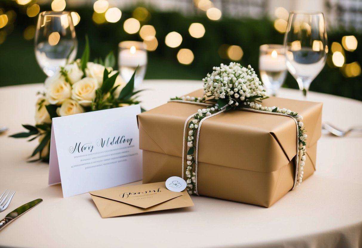 A beautifully wrapped gift sits on a table next to a card and a flower centerpiece, ready for a destination or reception-only wedding