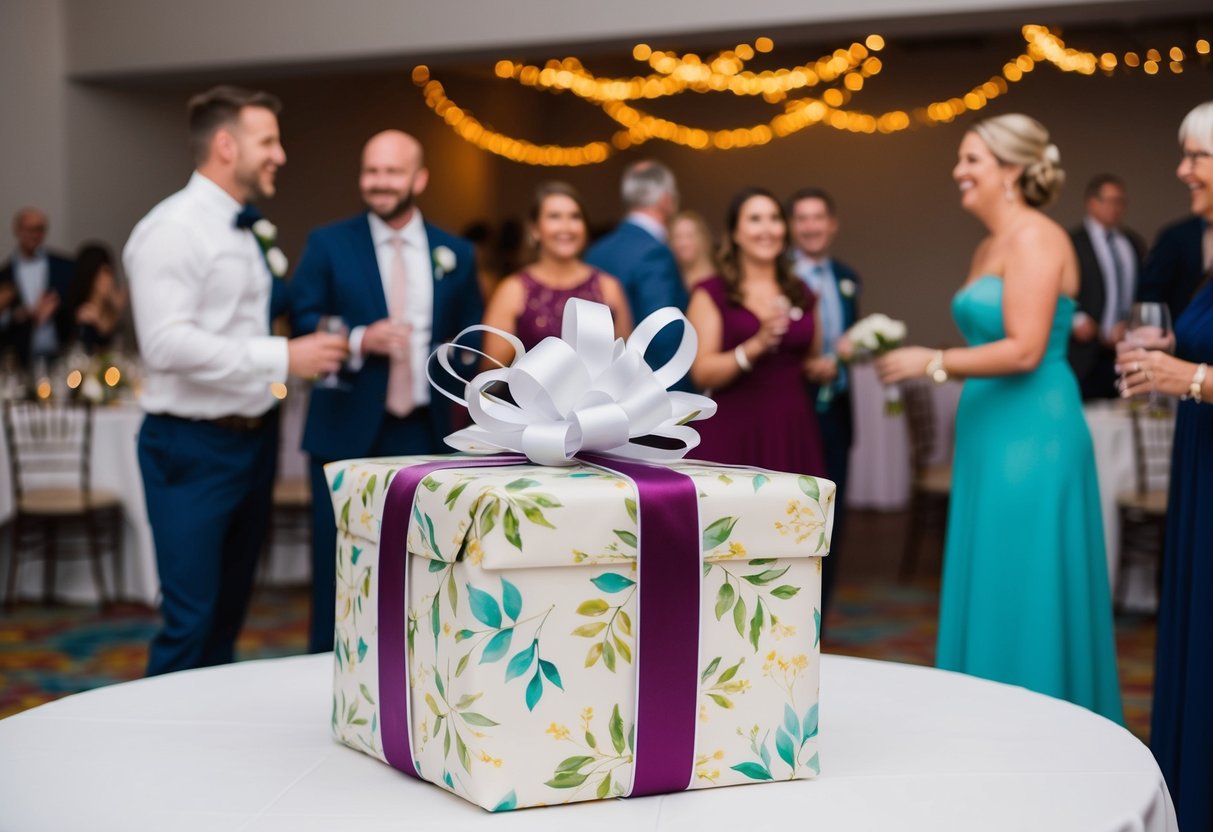 A beautifully wrapped wedding gift sits on a table at a reception venue, surrounded by colorful decorations and happy guests
