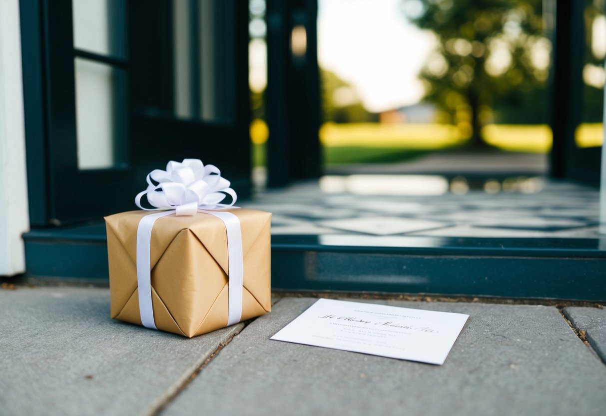 A beautifully wrapped gift sits on a doorstep, with a wedding invitation lying nearby