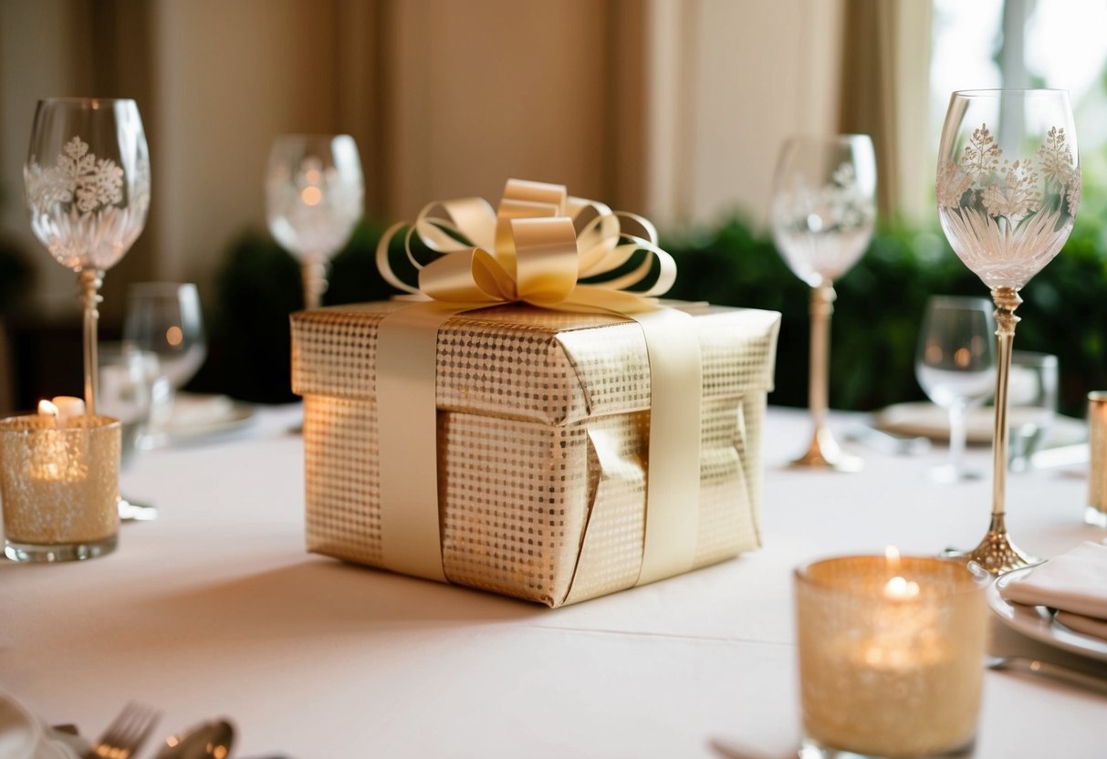 A beautifully wrapped gift sitting on a table, surrounded by elegant wedding decorations