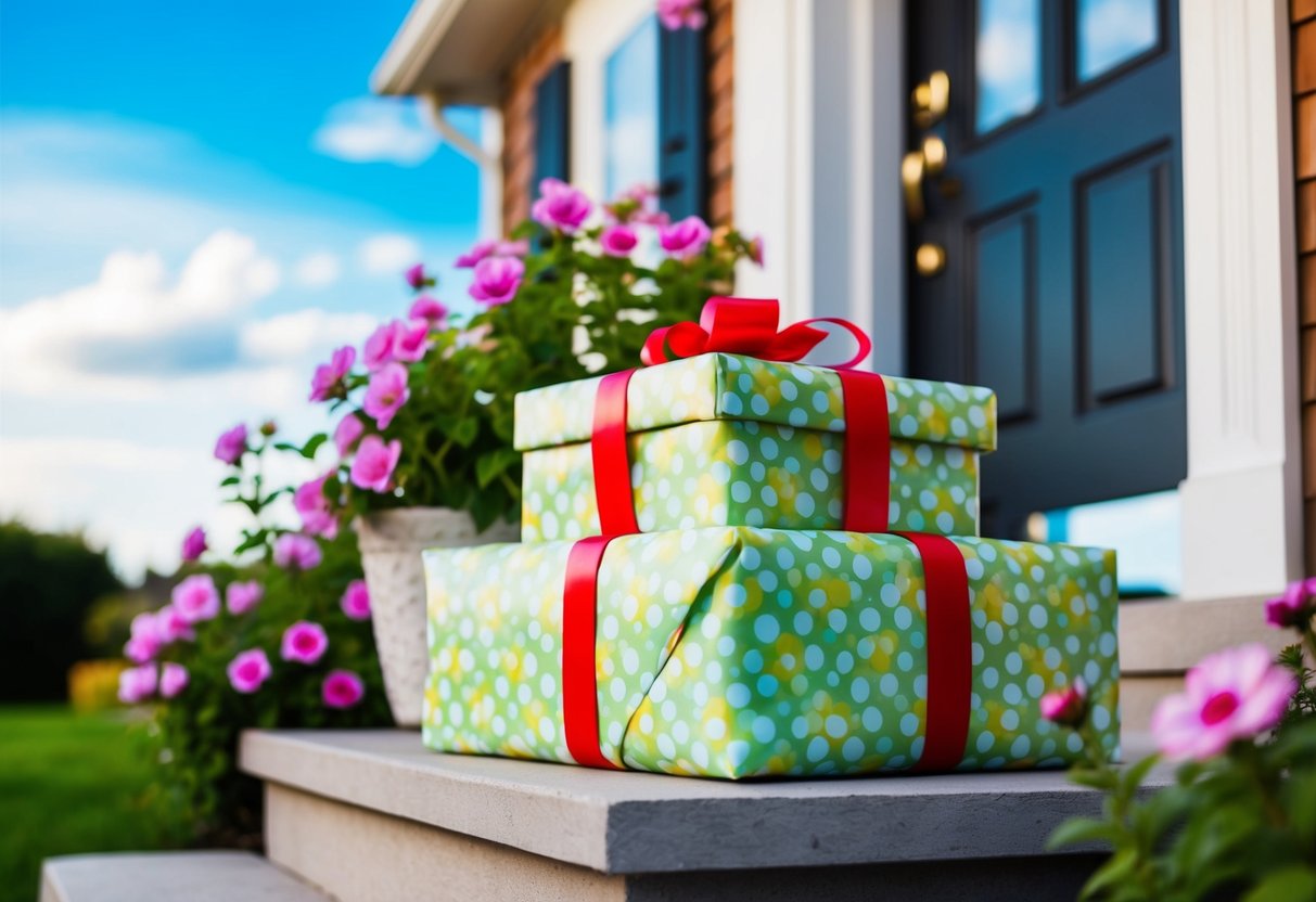 A beautifully wrapped gift sits on a doorstep, surrounded by blooming flowers and a bright blue sky