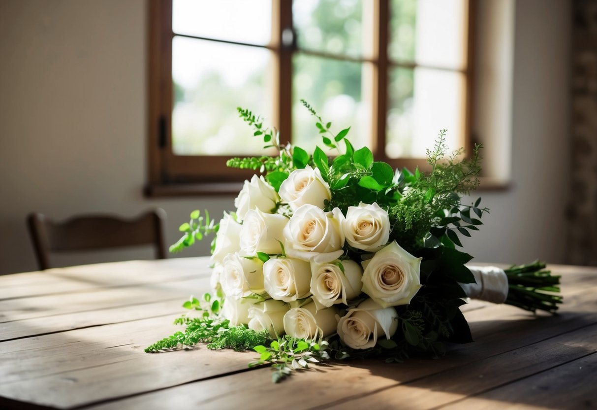 A bouquet of white roses and greenery lies on a rustic wooden table in a sunlit room