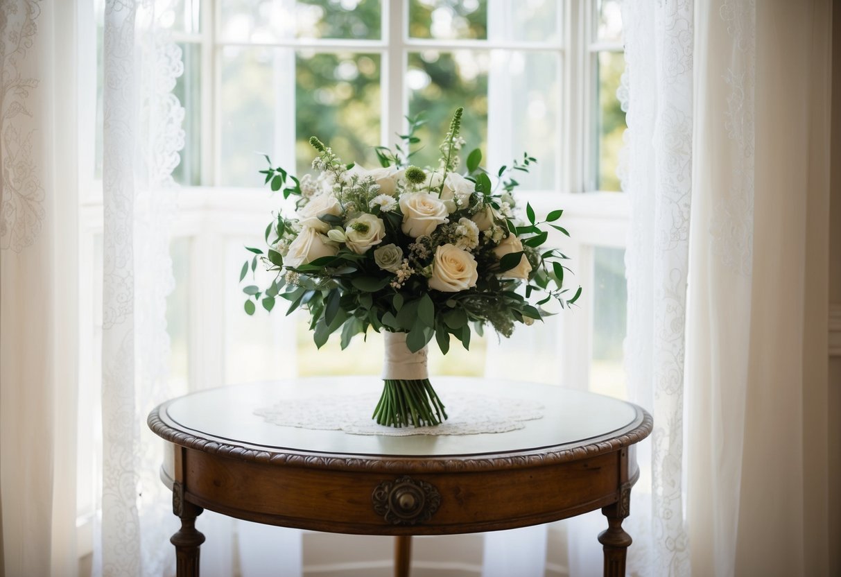 A bride's bouquet sitting on a vintage table, surrounded by soft natural light streaming through a lace curtain