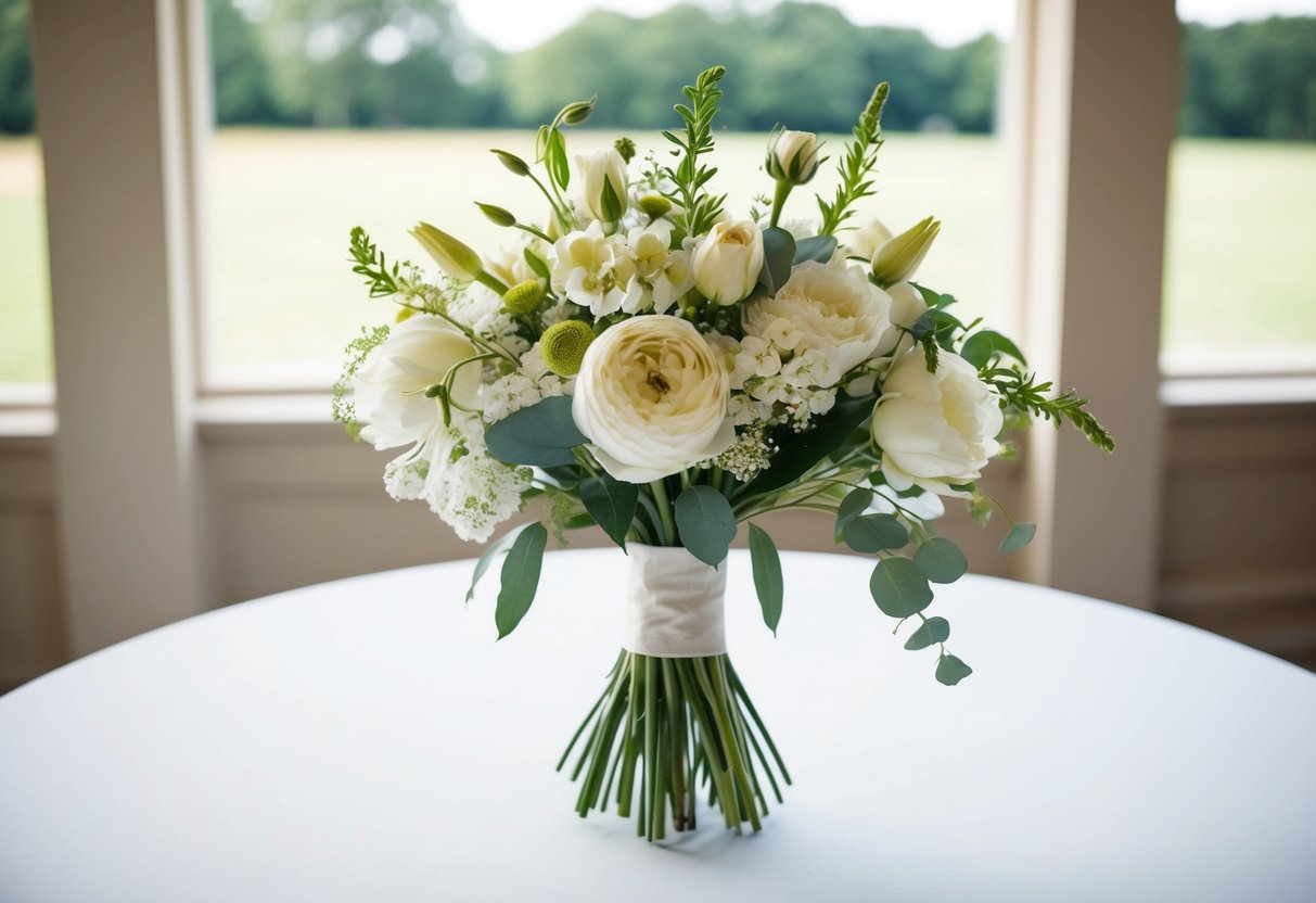 A table with a delicate bouquet of flowers, surrounded by soft natural light, awaits the bride for her first look