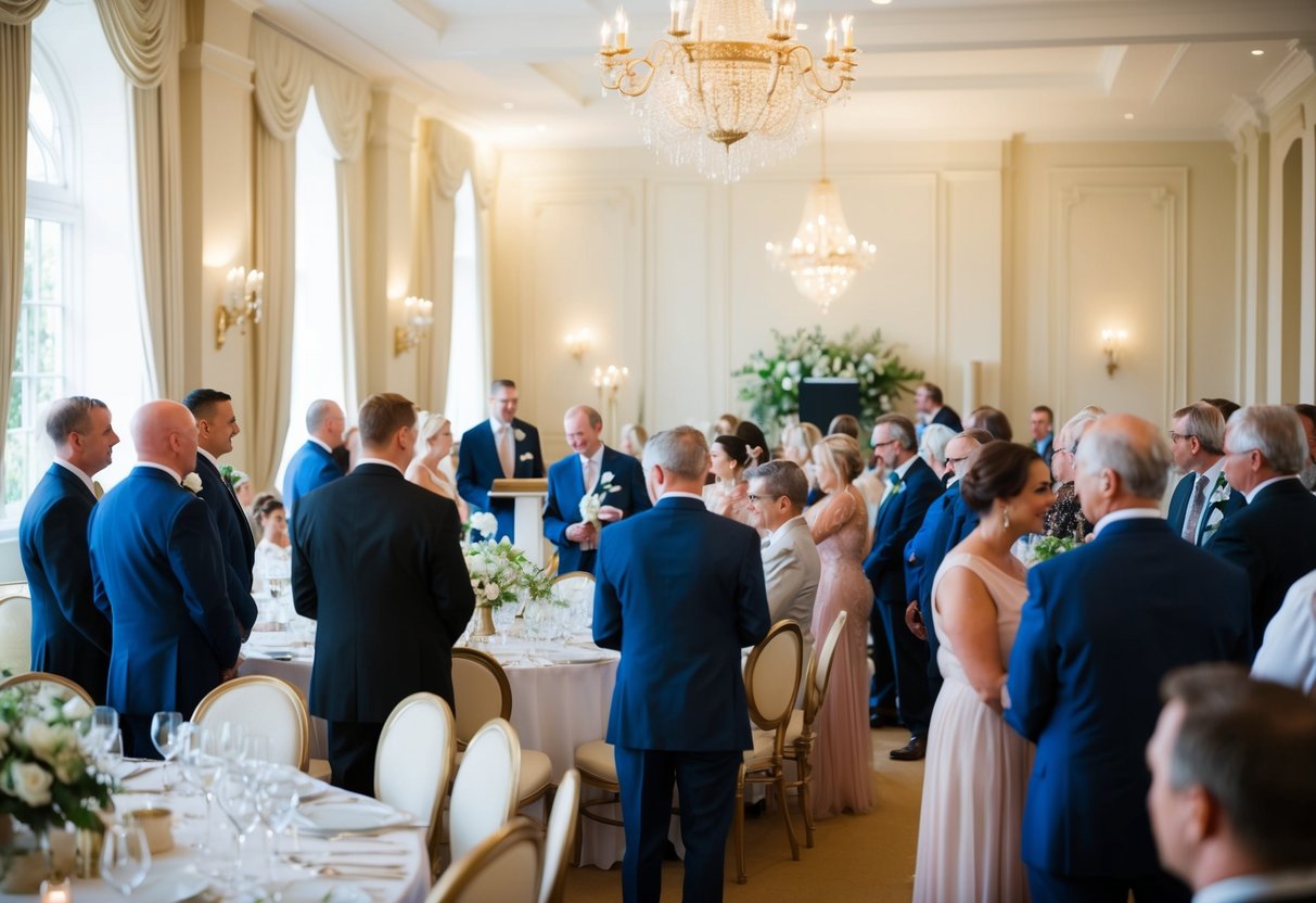 Guests gather in a sunlit banquet hall, adorned with elegant decor. A podium stands at the center, ready for speeches before the wedding breakfast