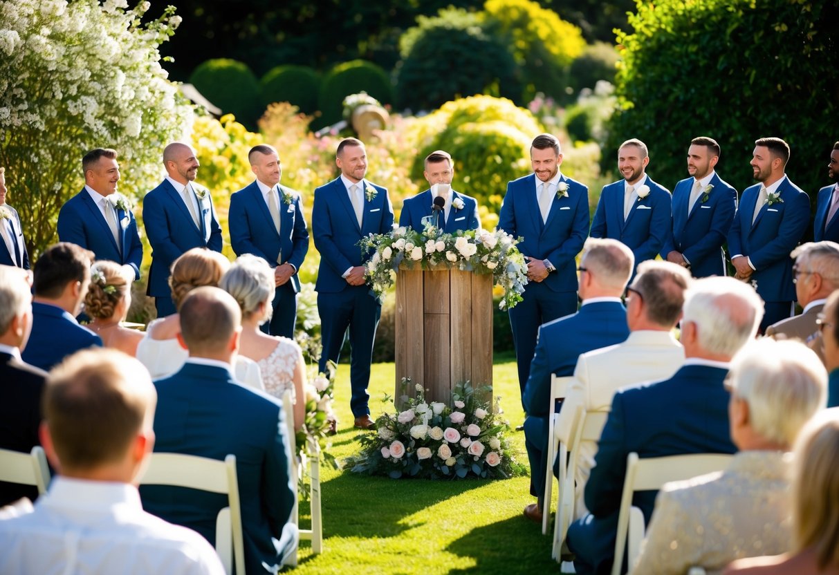Guests gather in a sunlit garden, facing a rustic wooden podium adorned with flowers. A microphone stands ready as a line of speakers prepares to deliver heartfelt wedding speeches