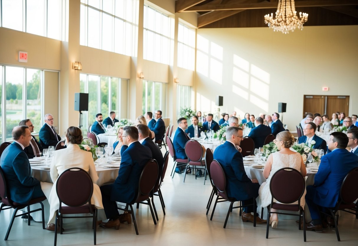 Guests seated at round tables in a sunlit reception hall, with a microphone and podium set up at the front