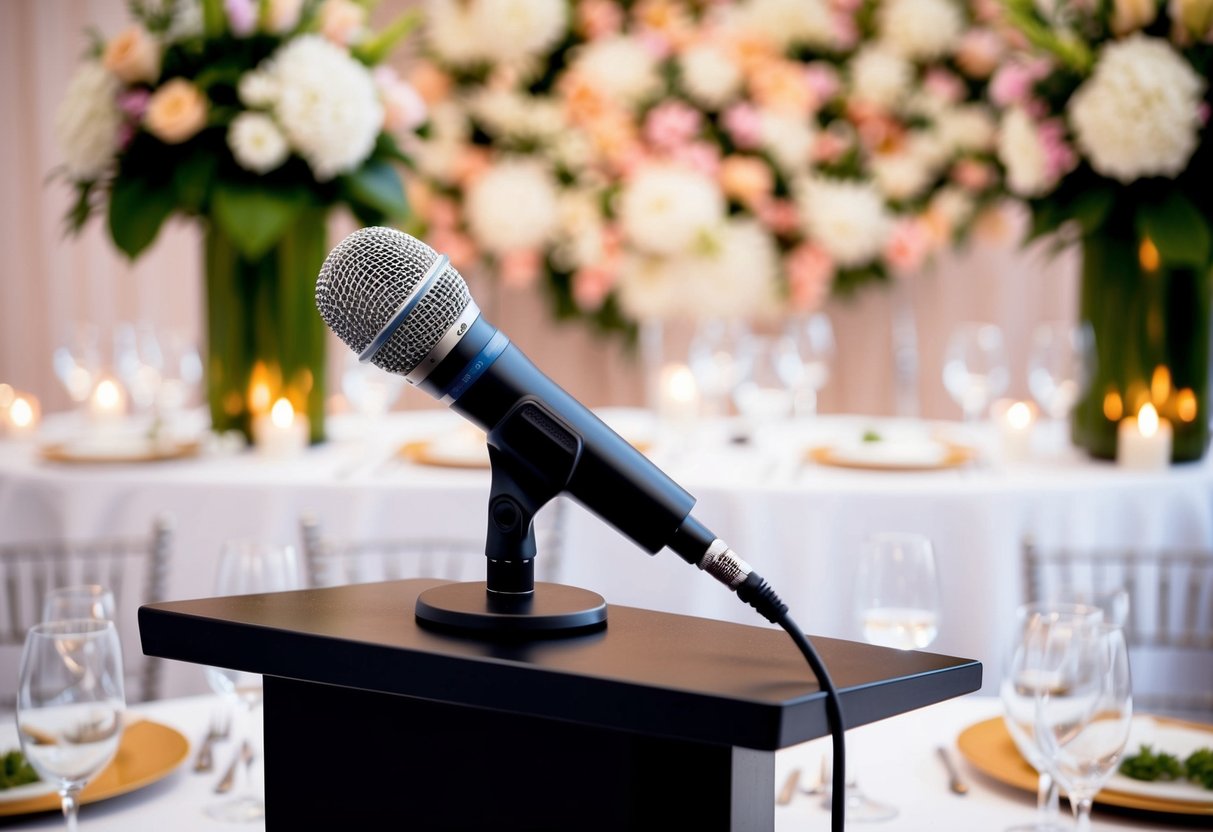 A microphone stands ready on a podium, surrounded by elegant table settings and a backdrop of flowers and candles
