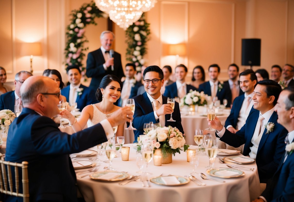 Guests seated at elegantly decorated tables, clinking glasses, and smiling as a speaker addresses the room. The room is filled with warm lighting and floral arrangements, creating a romantic atmosphere