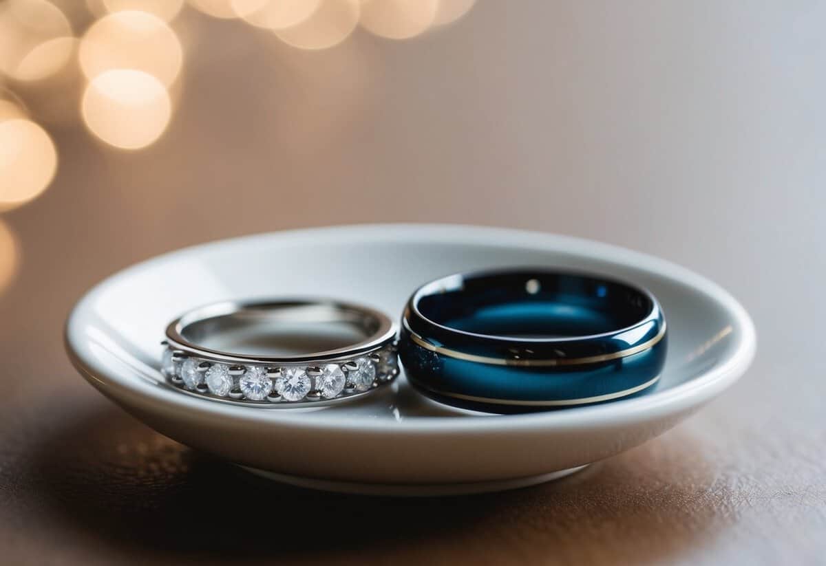 A wedding band and engagement ring sit side by side on a jewelry dish