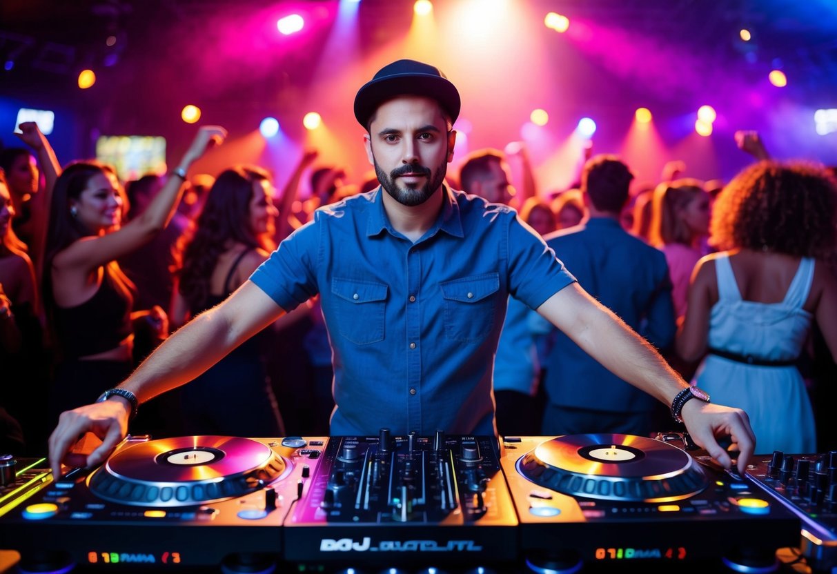 A DJ standing behind a turntable, surrounded by colorful lights and a crowd of people dancing