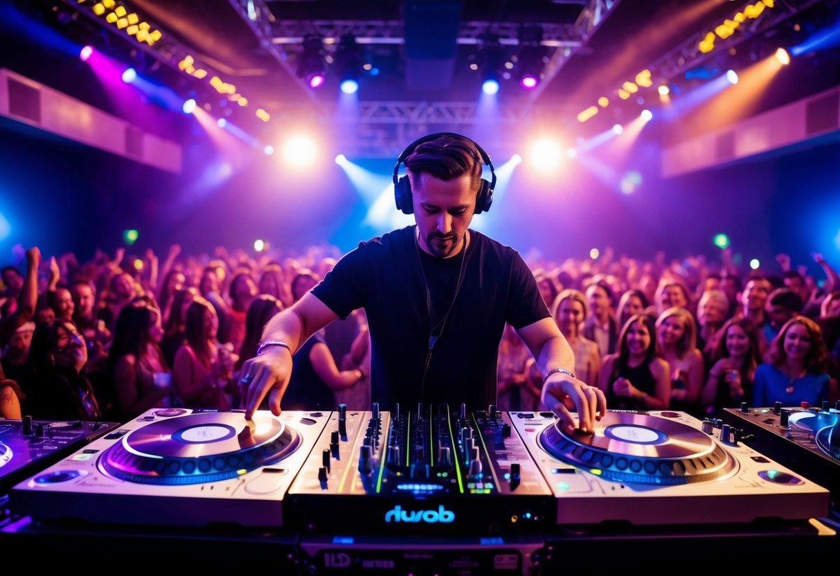 A DJ stands behind a booth, surrounded by colorful lights and a dance floor packed with enthusiastic listeners. They are selecting records from a large collection and adjusting knobs on the mixing board