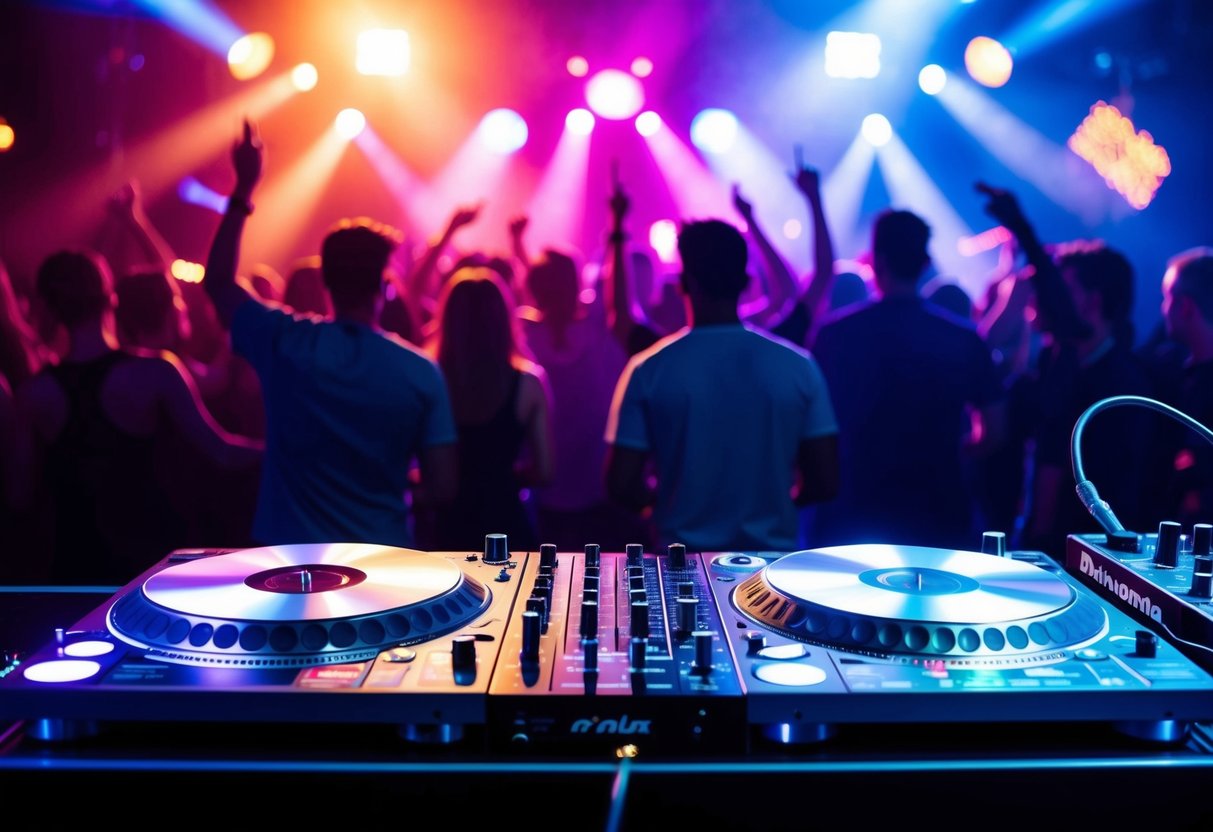 A DJ booth with a turntable, mixer, and headphones. Colorful lights and a crowd dancing in the background