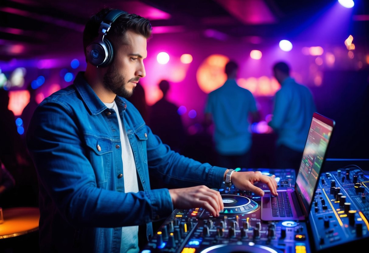 A DJ using software to create a playlist with a laptop and mixing equipment in a dimly lit club