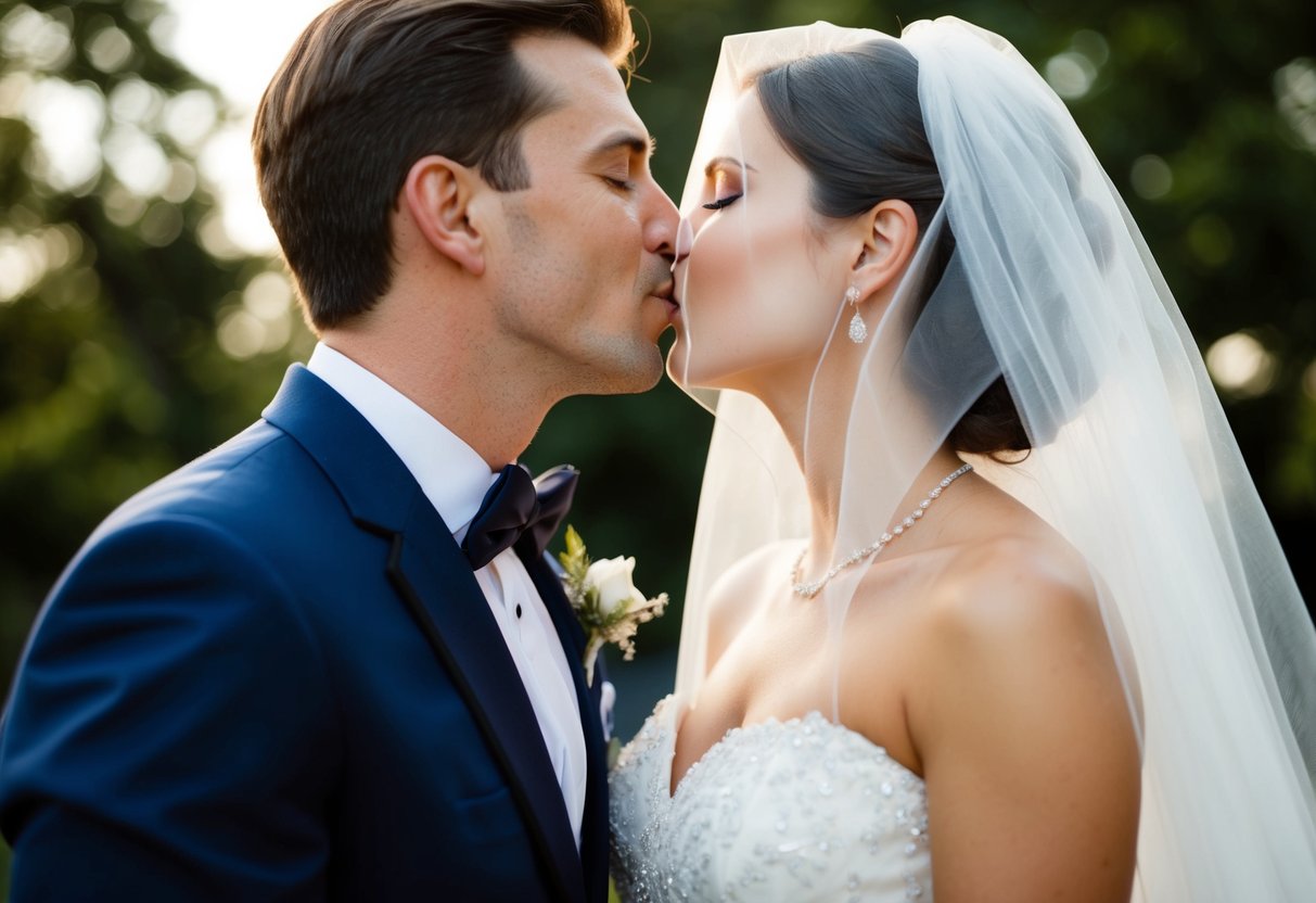A groom leans in to kiss a veiled figure in a white gown