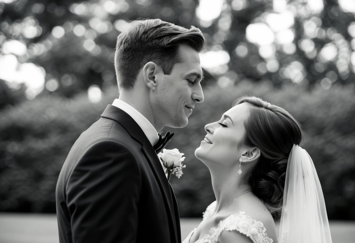A groom stands with eyes closed as a bride approaches for a first look, leaning in for a kiss