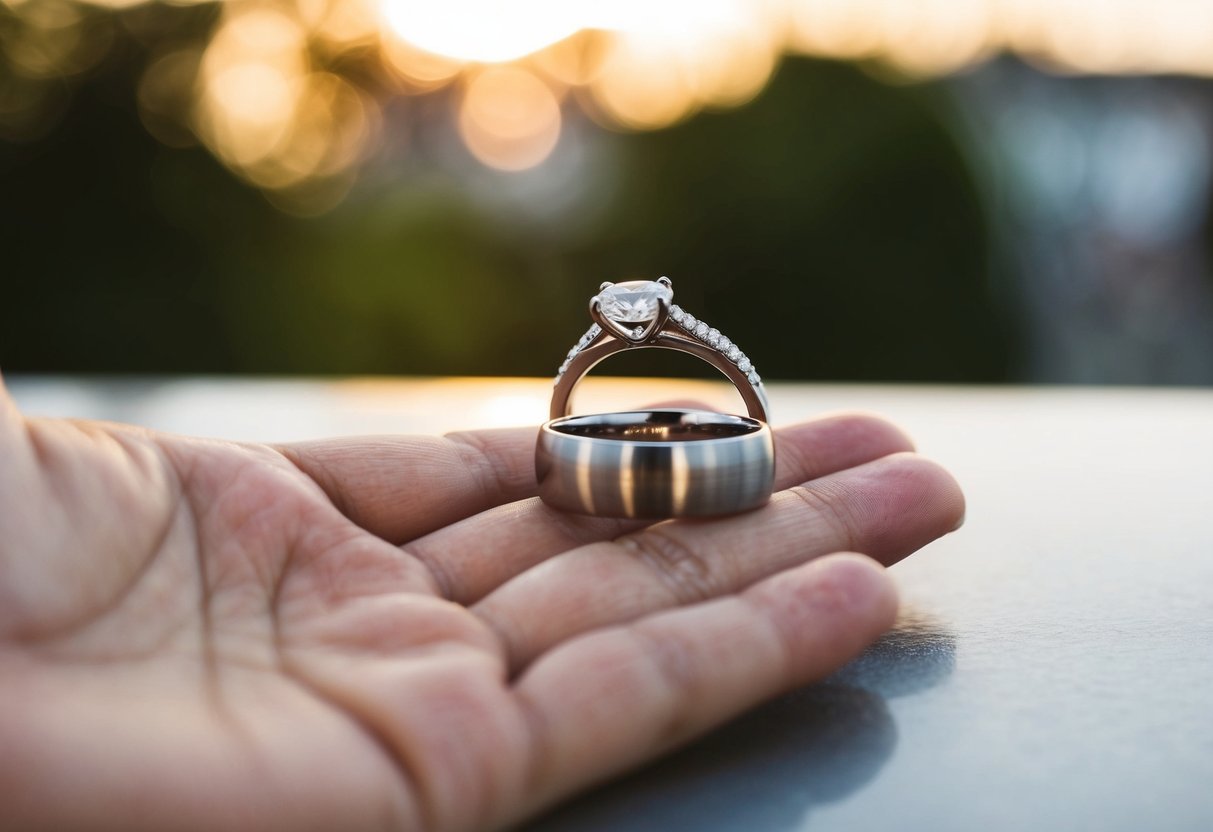 A hand holding a wedding band and an engagement ring on a surface