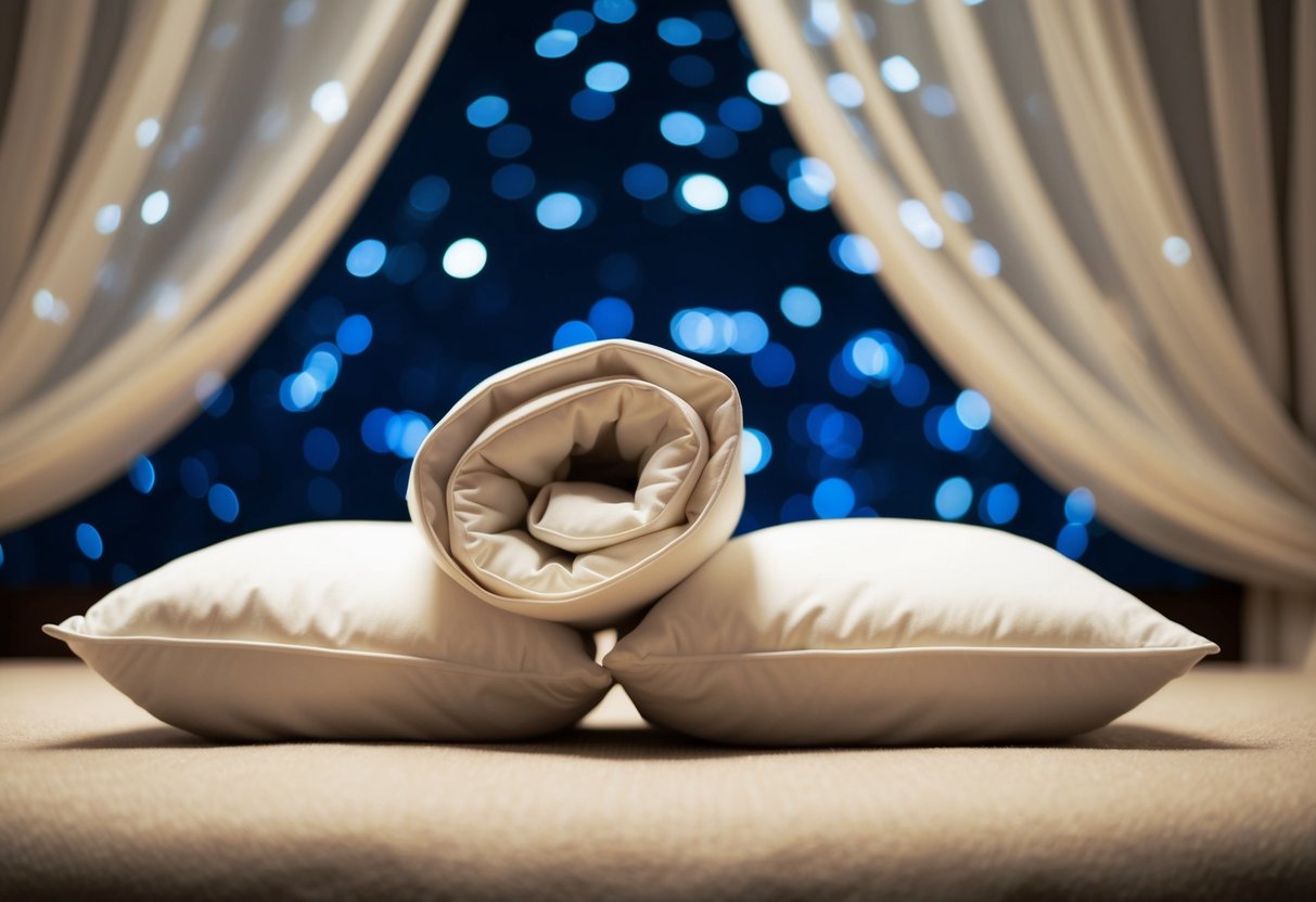 A cozy bedroom with two entwined pillows and a soft blanket under a starry night sky