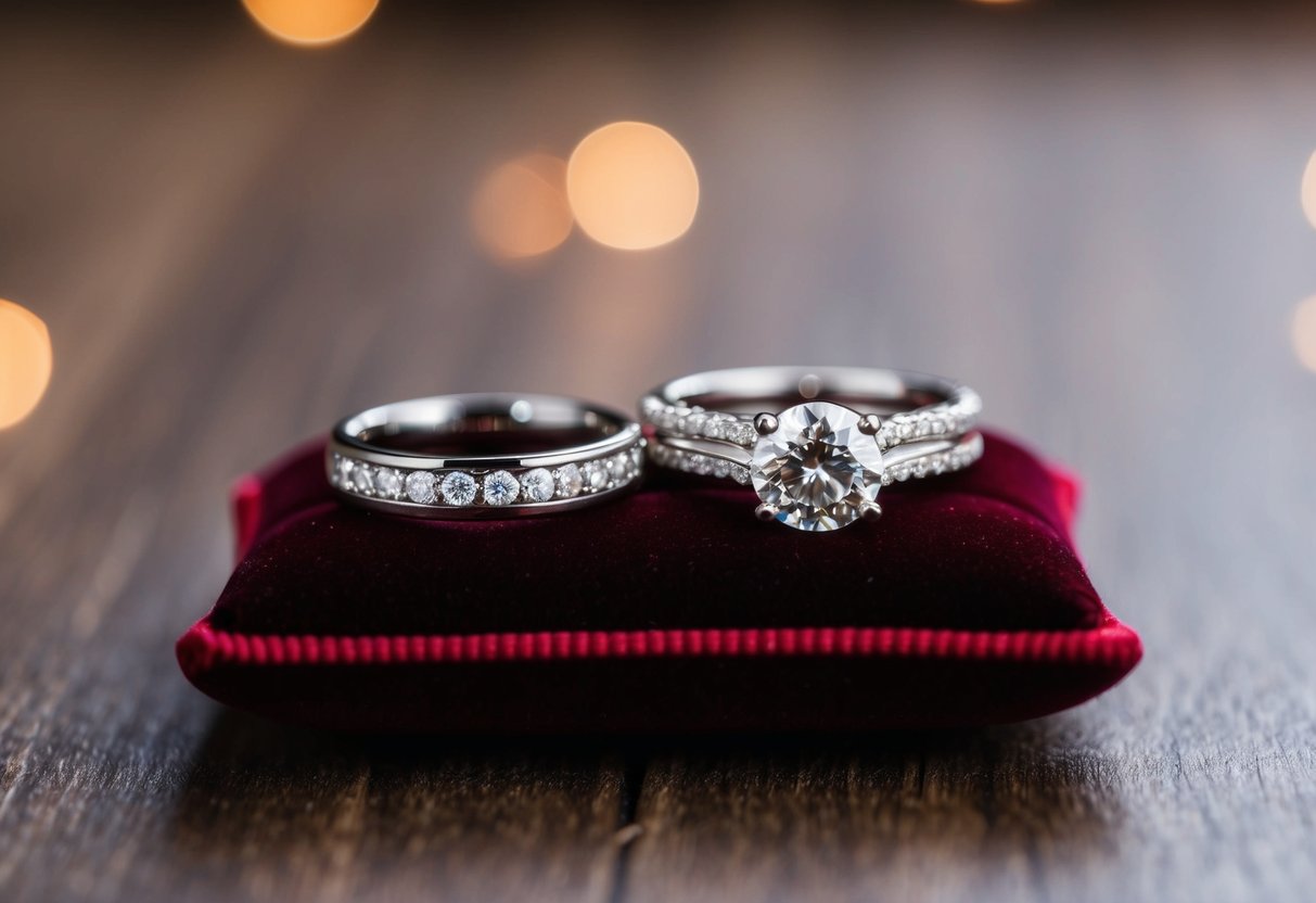 A wedding band and engagement ring placed side by side on a velvet cushion