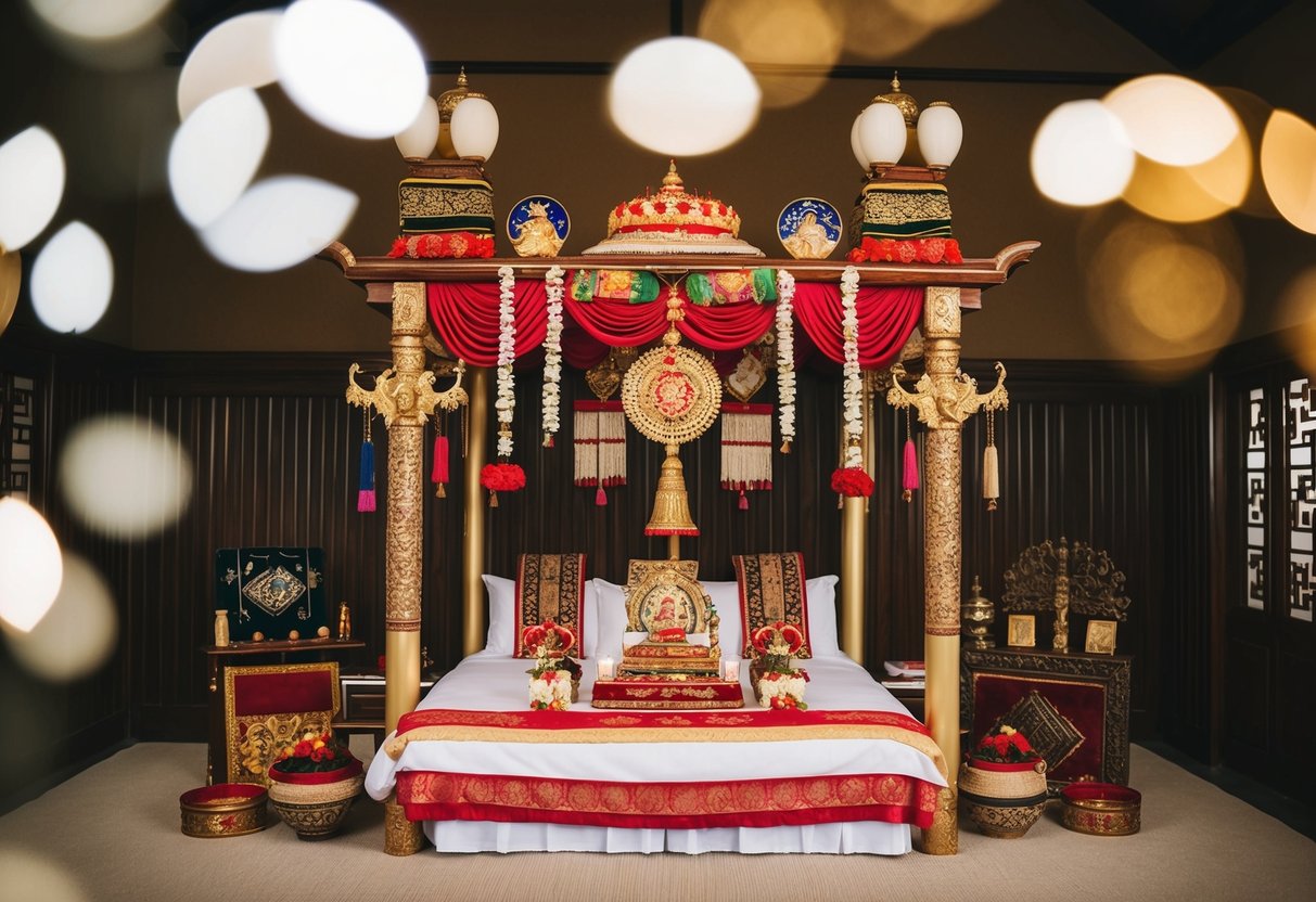 A traditional wedding bed adorned with symbolic items and cultural artifacts, representing the merging of historical significance and cultural beliefs